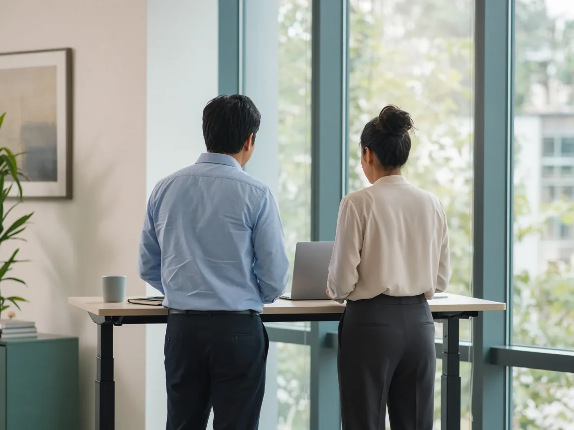 Colleagues collaborating at a standing desk